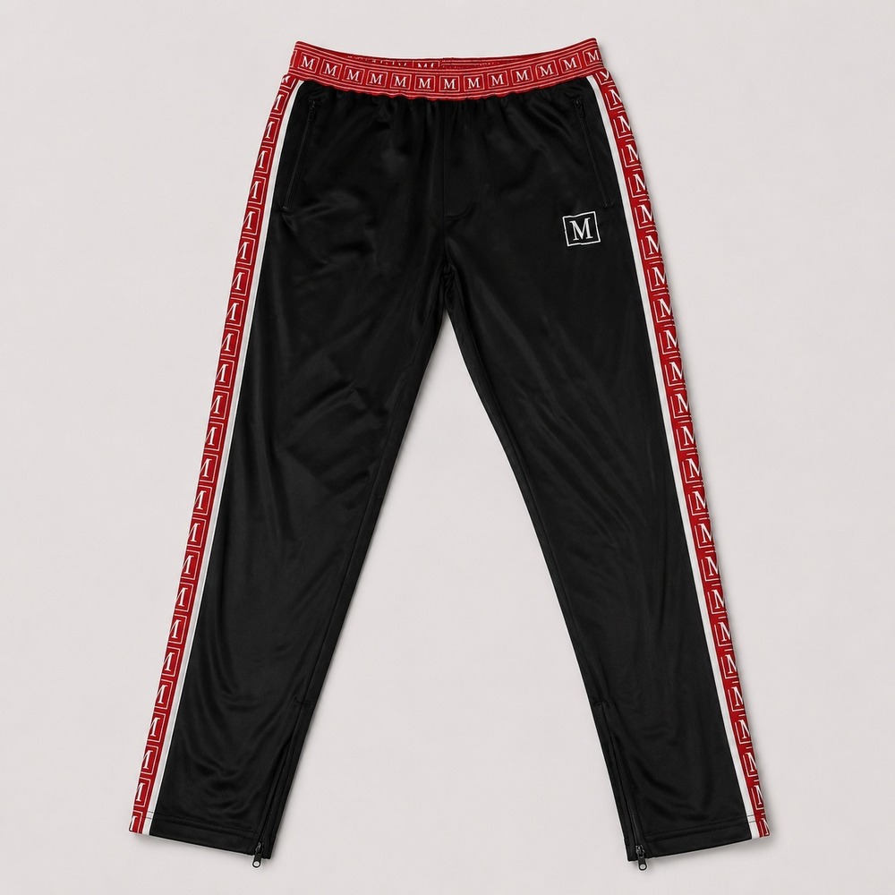 Maison Debouchard Mens XL Black Track Pants Red Logo Side Stripe Zip Ankle